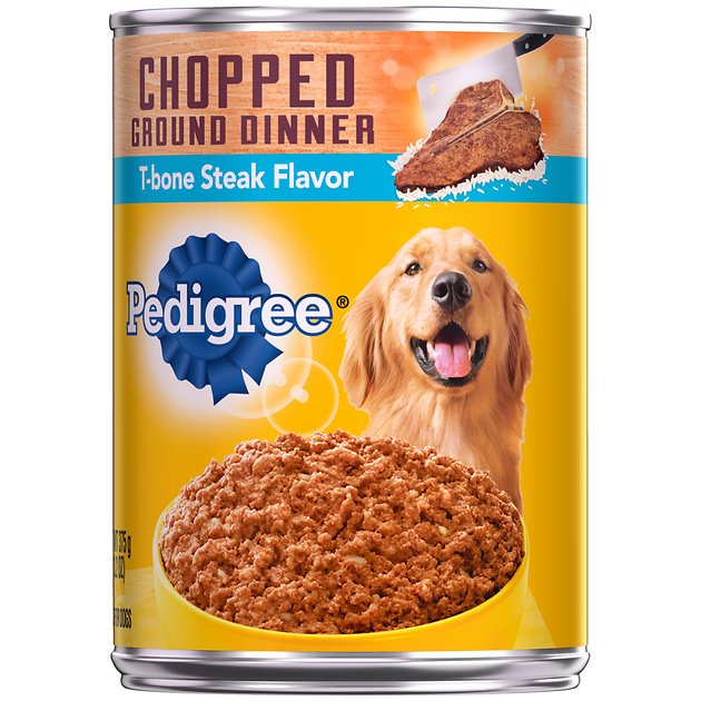 Pedigree Chopped Ground Dinner T-bone Steak Flavor Canned Dog Food, 13.2-oz, case of 12