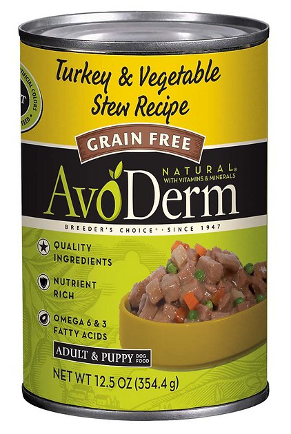 AvoDerm Natural Grain-Free Turkey & Vegetable Stew Recipe Adult & Puppy Canned Dog Food, 12.5-oz, case of 12