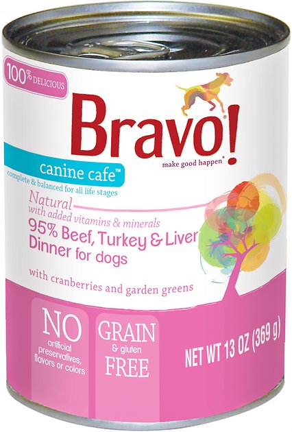 Bravo! Canine Cafe 95% Beef, Turkey & Liver Dinner Grain-Free Canned Dog Food, 13-oz, case of 12