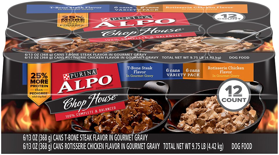 ALPO Chop House Rotisserie Chicken & T-Bone Steak Flavor in Gravy Canned Dog Food, 13.2-oz, case of 12