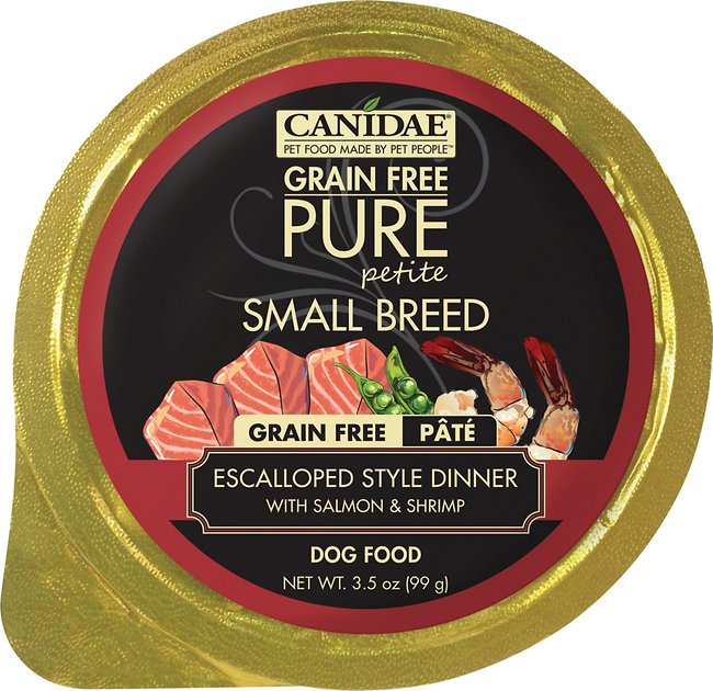 CANIDAE Grain-Free PURE Petite Escalloped Style Dinner with Salmon & Shrimp Small Breed Dog Food Trays, 3.5-oz, case of 12