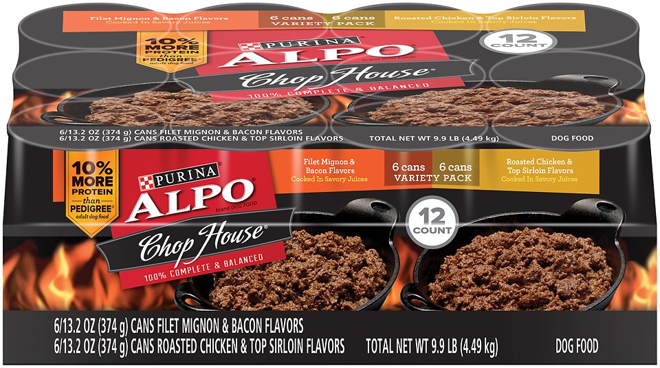 ALPO Chop House Filet Mignon & Bacon and Roasted Chicken & Top Sirloin Flavors Savory Juices Canned Dog Food, 13.2-oz, case of 12